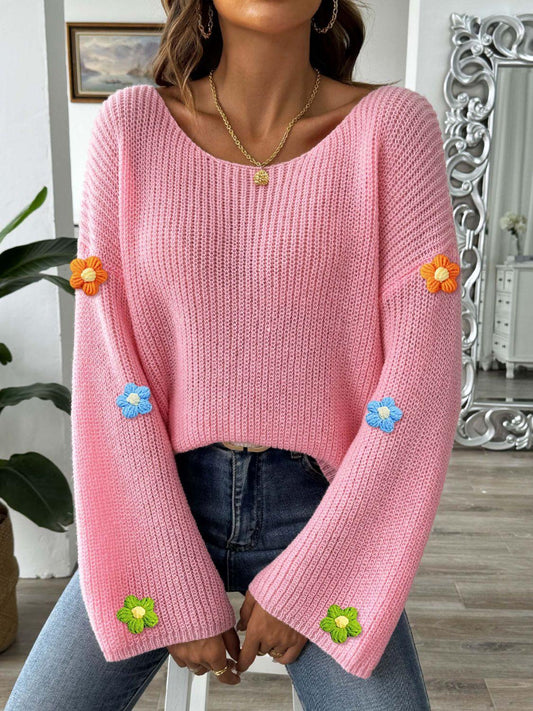 Flower Round Neck Long Sleeve Sweater Dusty Pink