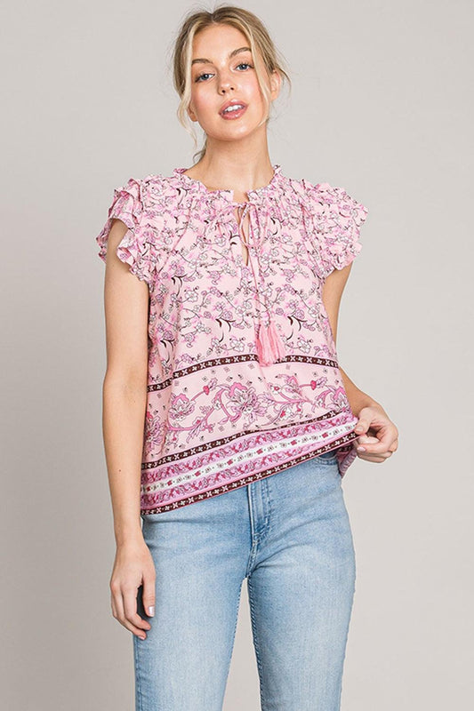 Cotton Bleu by Nu Lab Print Ruffle Sleeve Detail Blouse Pink