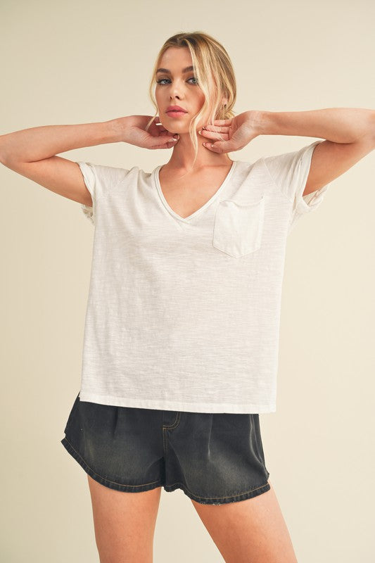 Aemi + Co Side Slit V-Neck Short Rolled Sleeve T-Shirt White