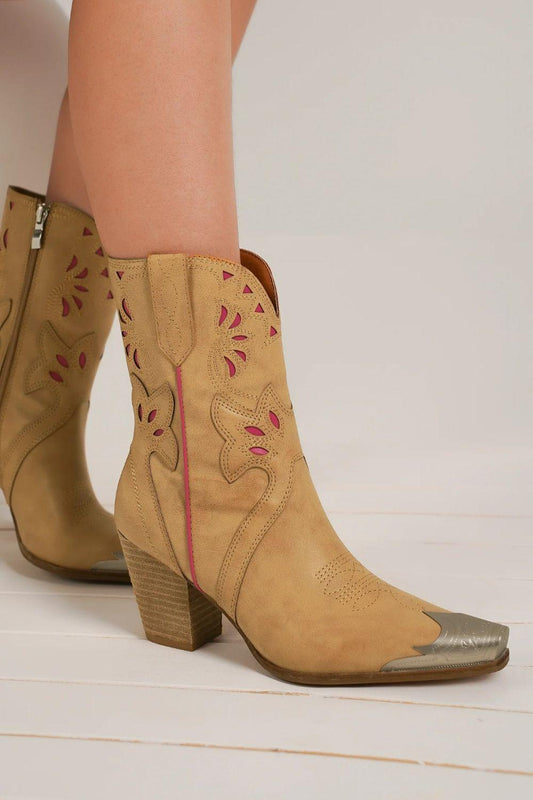 Beast Fashion Cut-Out Floral Embroidery Boots Camel