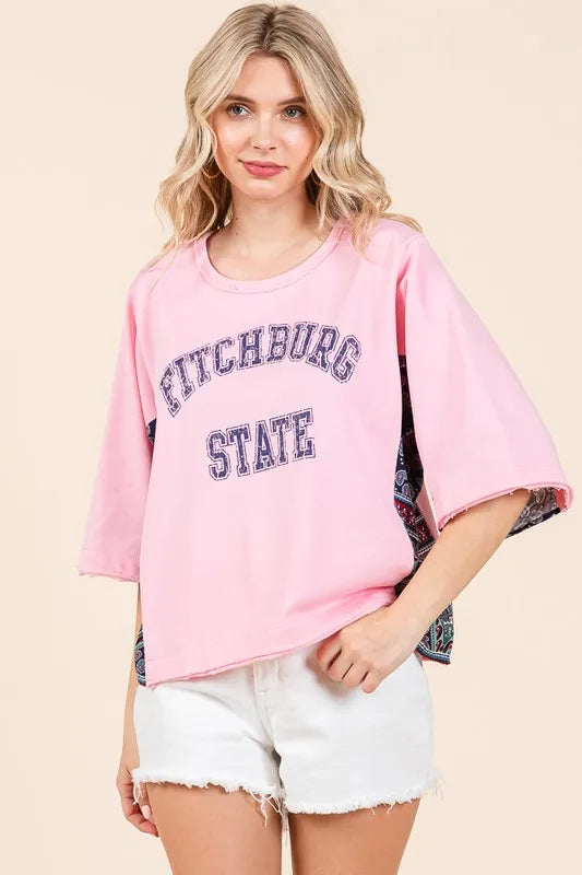 Lime 'N' Chili Fitchburg State Graphic Contrast Half Sleeve Top PINK