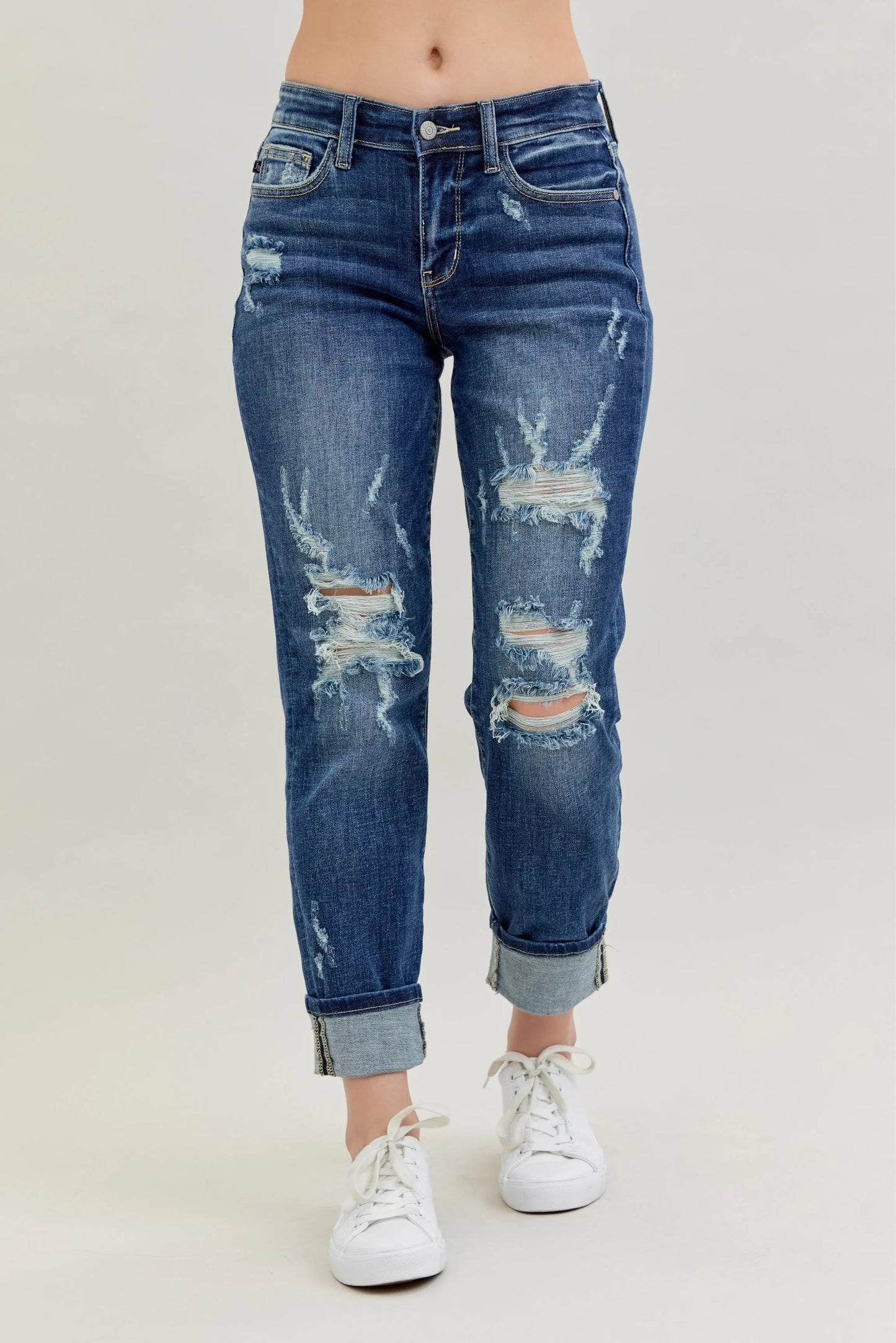 Judy Blue Full Size Mid Rise Cuffed Destroy Bf Jeans Plus Size MD
