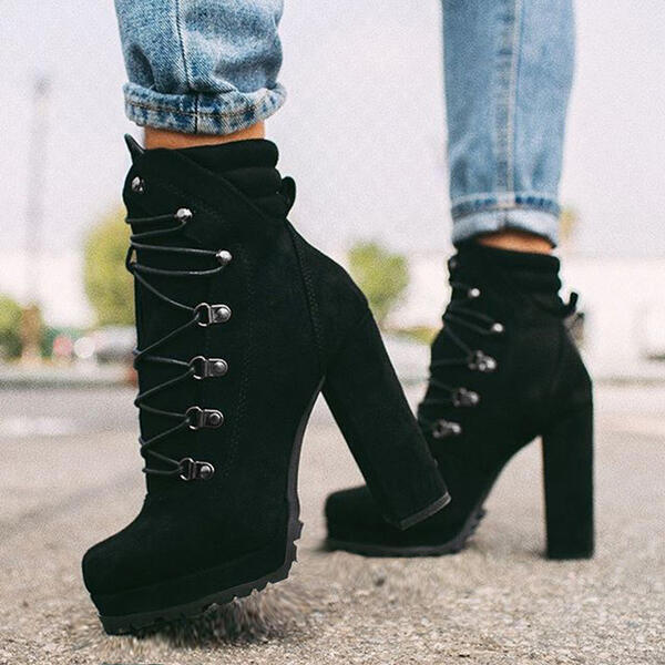 Heeled Boots For Women – Round Toe Lace Up High Heels Mid Calf Boots