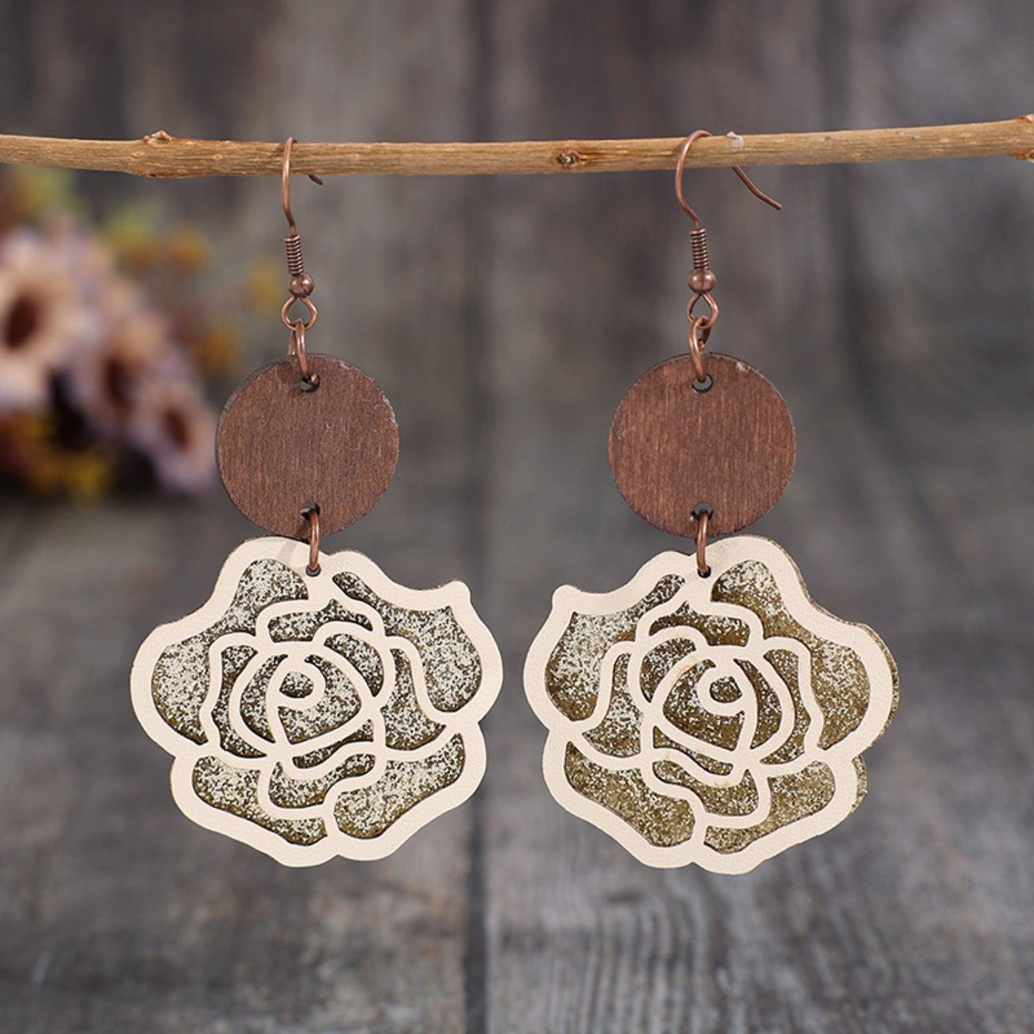 Wooden Alloy Rose Shape Dangle Earrings Style B One Size