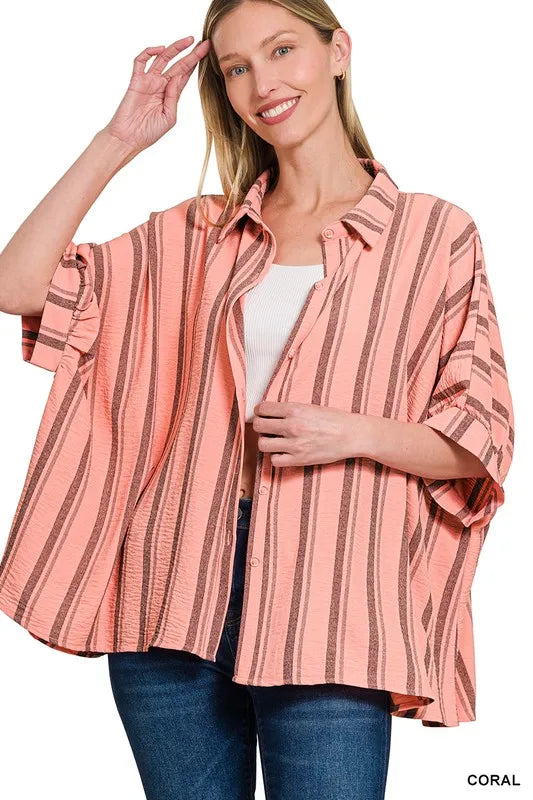Zenana Woven Yarn-Dye Stripe Oversized Button Down Shirt CORAL