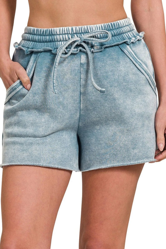 Zenana Acid Wash Fleece Drawstring Shorts With Pockets BLUE GREY