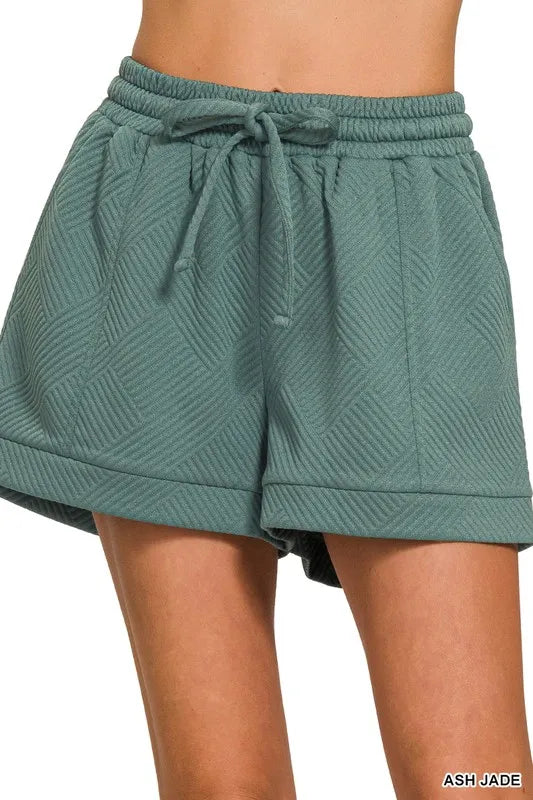 Zenana Textured Knit Jacquard Drawstring Shorts ASH JADE