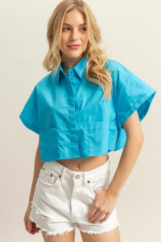 HYFVE Collared Neck Short Sleeve Crop Shirt Aqua