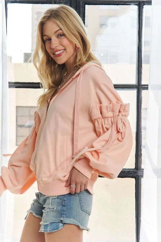 ADORA Ruffled Puff Sleeve Zip Up Hoodie