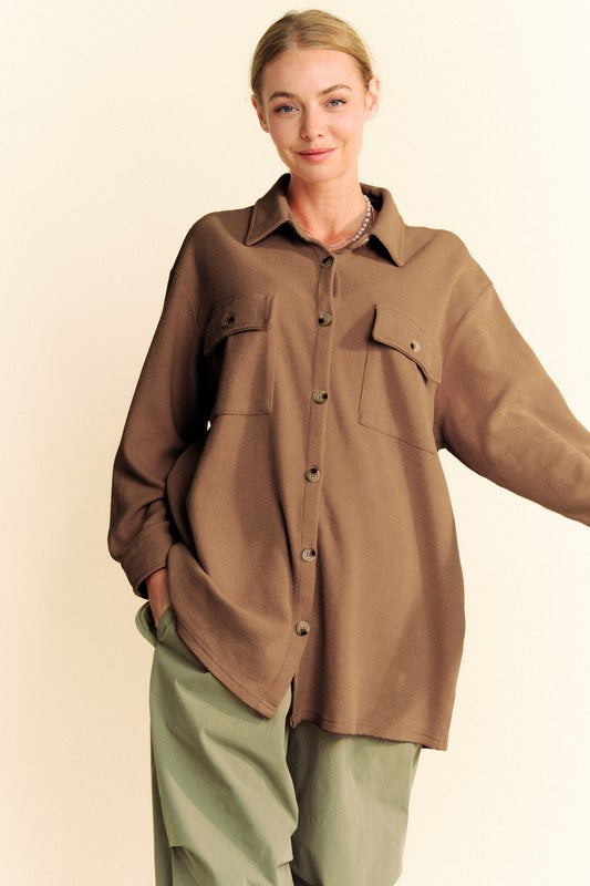 Davi & Dani Waffle-Knit Button Down Shirt Brown