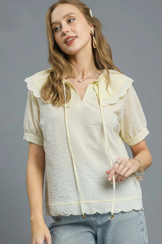 Umgee Peter Pan Collar Short Sleeve Blouse Cream