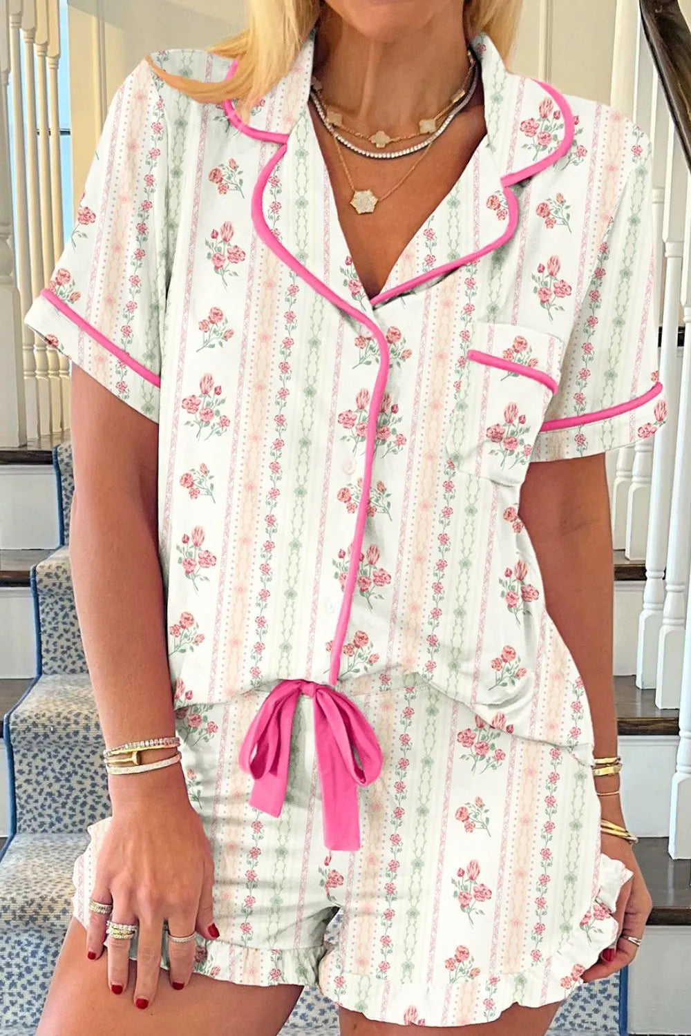 Printed Button Up Short Sleeve Top and Shorts Lounge Set Floral