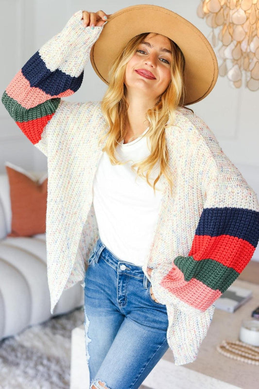 Haptics Full Size Color Block Open Front Cardigan Ivory Rust Olive