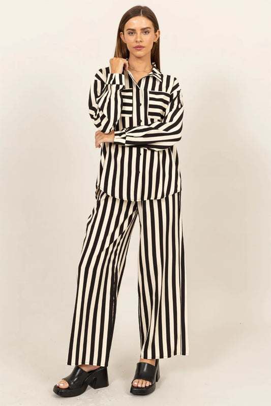 HYFVE Striped Button Up Shirt and Pants Set Black