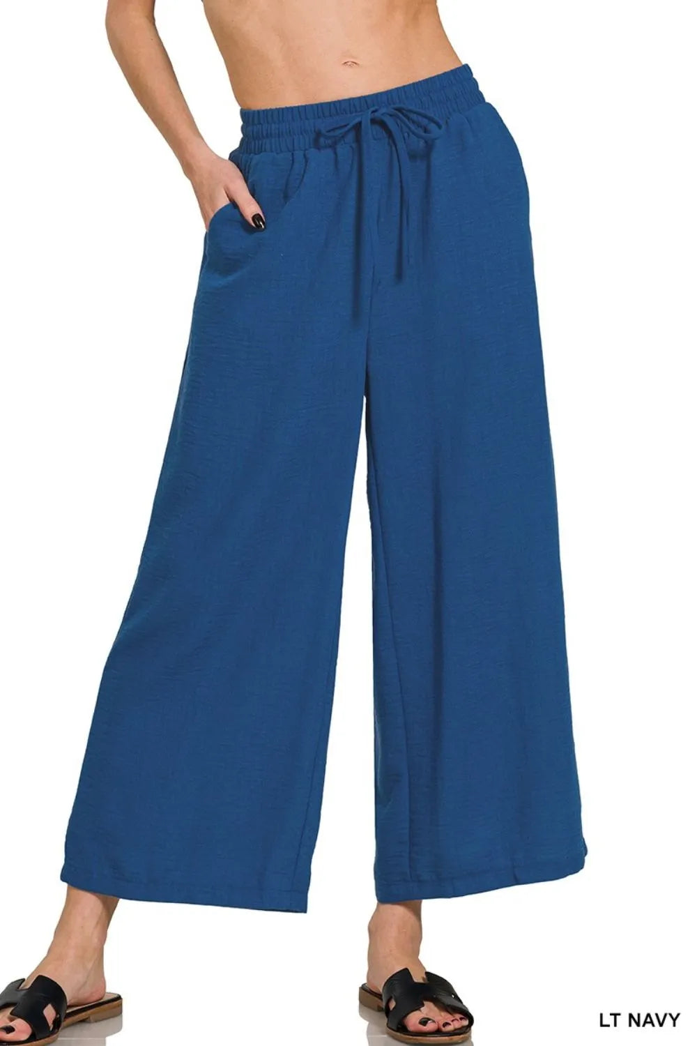 Zenana Woven Crepe Elastic Band Waist Cropped Pants LT NAVY