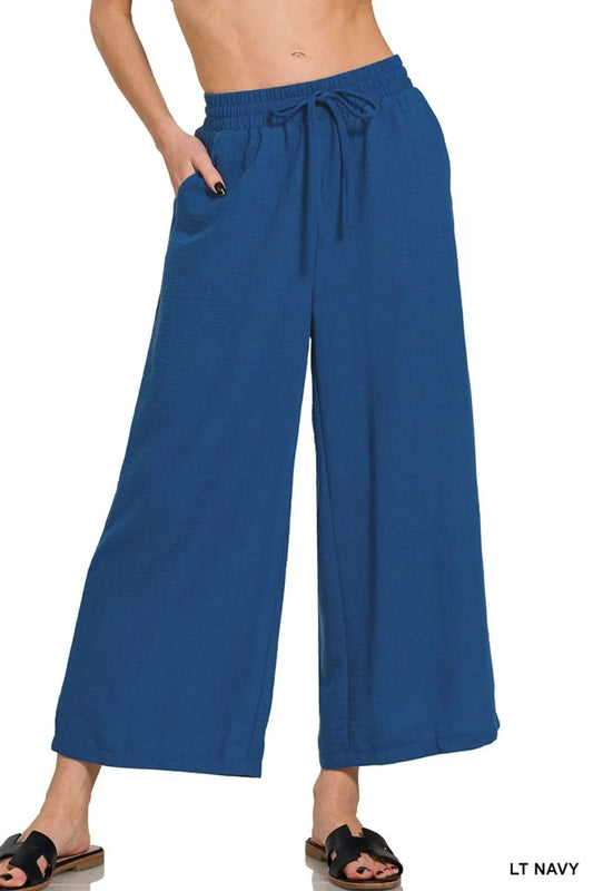Zenana Woven Crepe Elastic Band Waist Cropped Pants LT NAVY