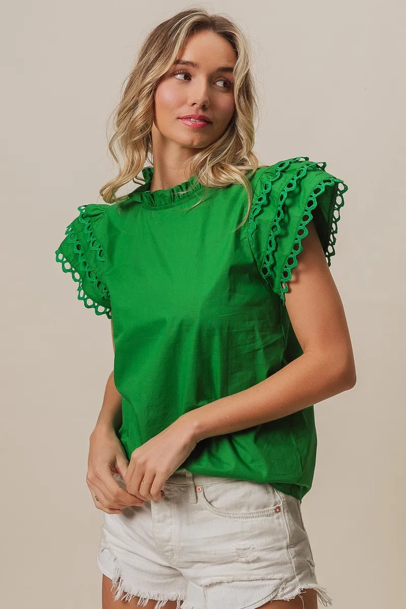 BiBi Solid Woven Circle Trim Ruffle Top