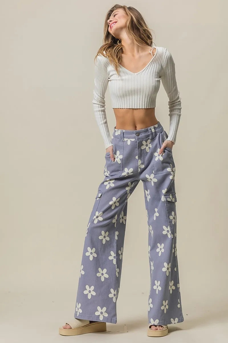 BiBi Flower Printed Side Pocket Wide Pants