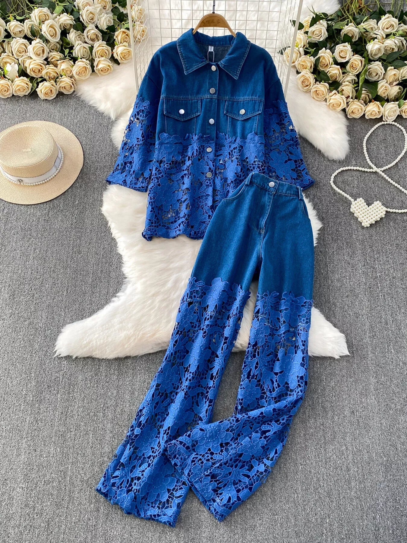 Lace Patchwork Shacket and Pants Set