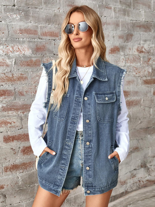 Raw Hem Sleeveless Button Up Denim Jacket Dusty Blue
