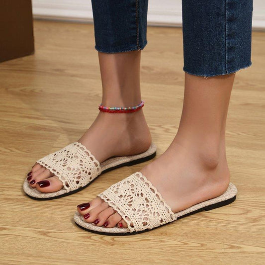 Lace Open Toe Flat Sandals Beige