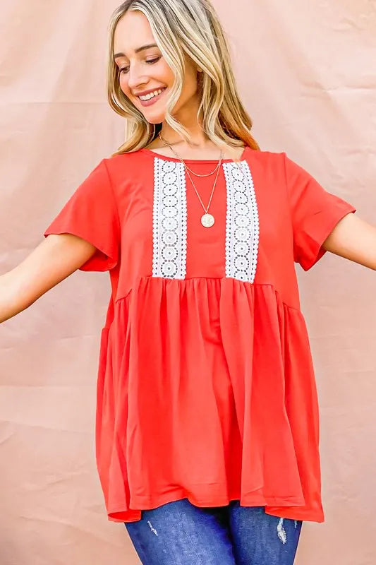And The Why Lace Detail Short Sleeve Casual Top