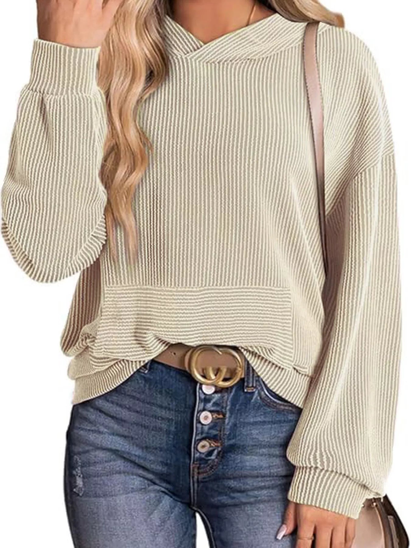 Ribbed Oversized Hoodie Sweatshirt with Pocket