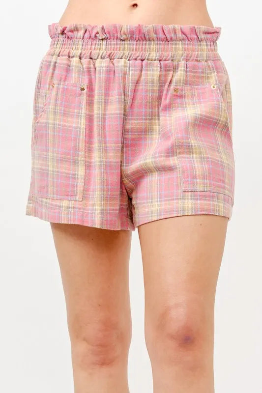 And The Why Plaid Print Smocked Detail Casual Shorts PINK