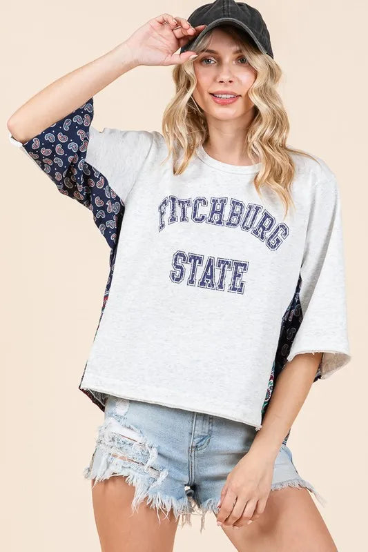 Lime 'N' Chili Fitchburg State Graphic Contrast Half Sleeve Top