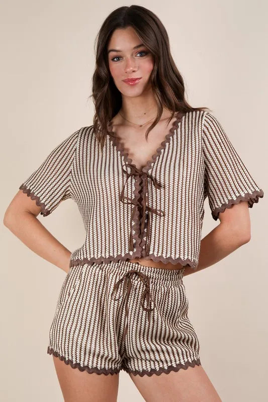 VERY J Wave Trim Detail Knit Top & Shorts Set Taupe
