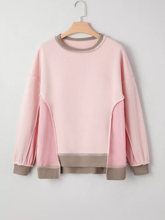 Color Block Mix Texture Waffle Patchwork Oversize Sweatshirt