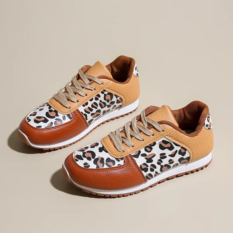 Leopard Round Toe Lace Up Sneakers Caramel
