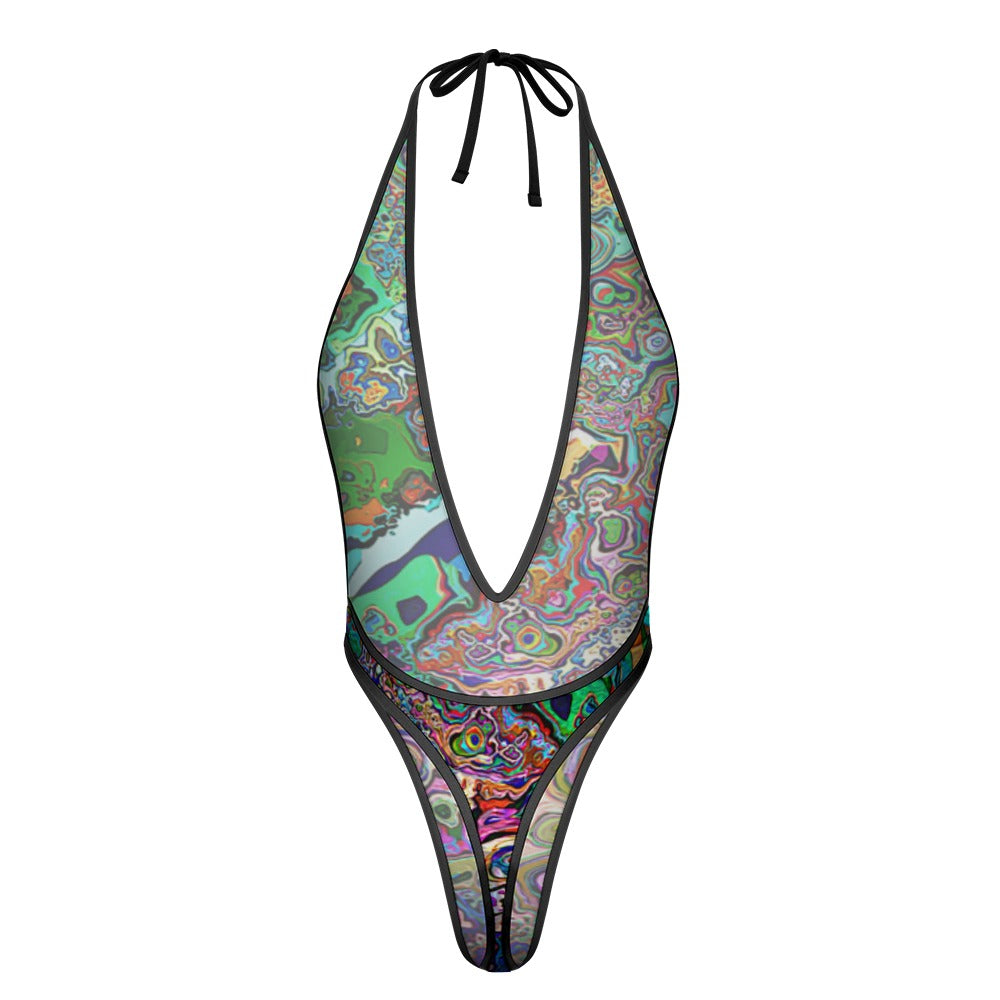 Sexy Swimsuit Women's Extreme One-Piece Mesh Revealing Swimwear Deep V Cleavage Thong Bottom Booty Quick Dry Tie-On Bathing Suit