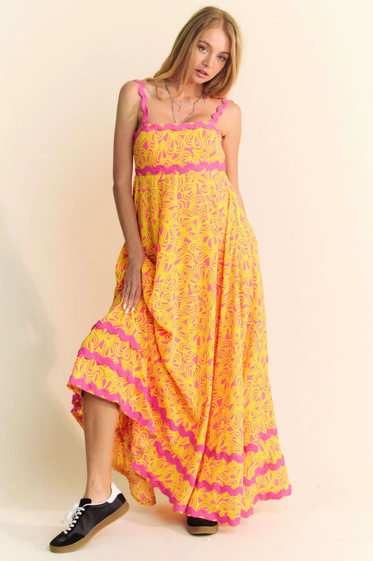 Davi & Dani Geo 2 Tone Printed Wavi Trim Tiered Maxi Dress PINK