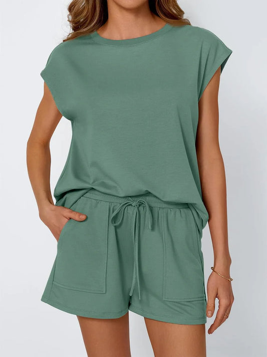 Round Neck Cap Sleeve Top and Shorts Set Air Force Blue