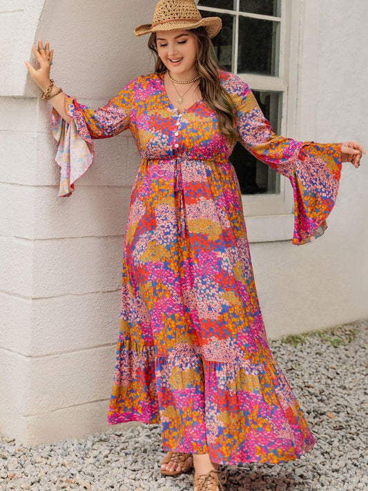 Plus Size Printed V-Neck Long Sleeve Maxi Dress Orange-Red