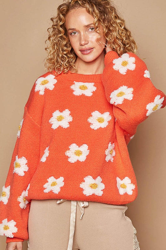 POL Daisy Pattern Drop Shoulder Sweater Sun Orange