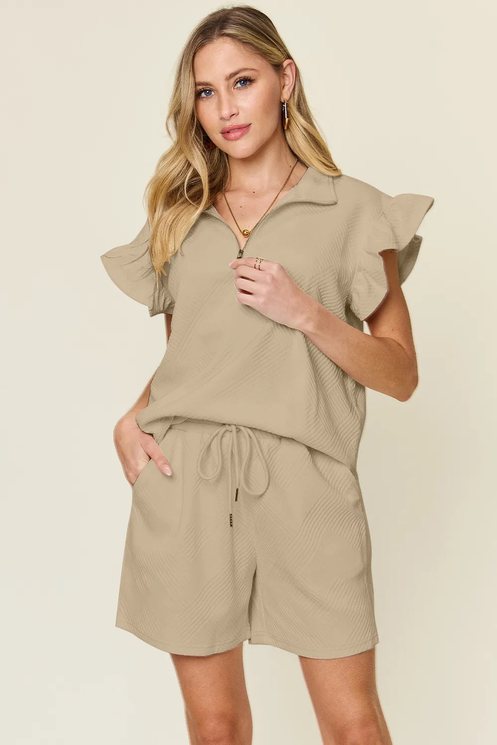 Double Take Full Size Texture Flounce Sleeve Top and Drawstring Shorts Set Khaki