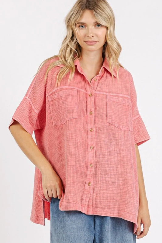 Mittoshop Mineral Wash Gauze Oversized Short Sleeve Shirt DEEP CORAL