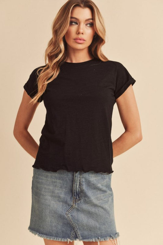 Aemi + Co Lettuce Edge Round Neck Short Sleeve T-Shirt Black