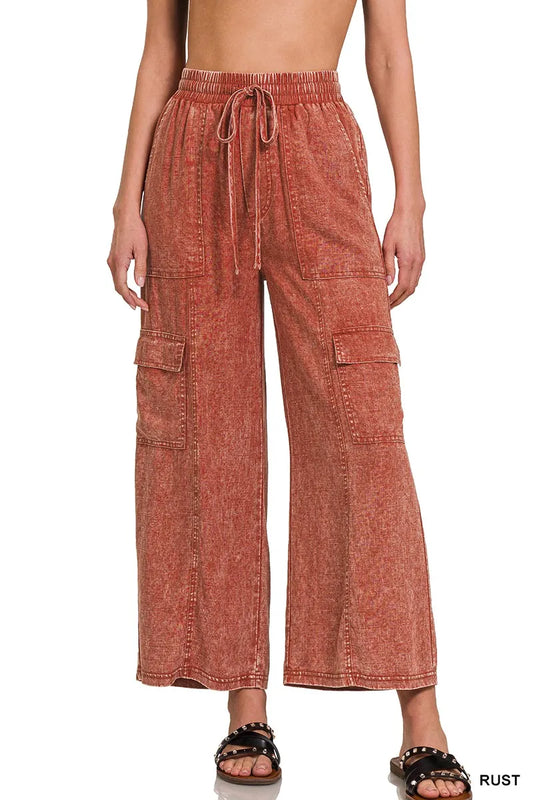 Zenana Washed Linen Elastic Band Waist Cargo Pants RUST