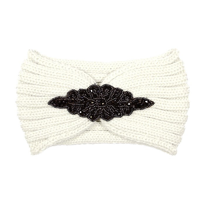Beaded Flower Applique Knit Headband Earmuff Ear Warmer