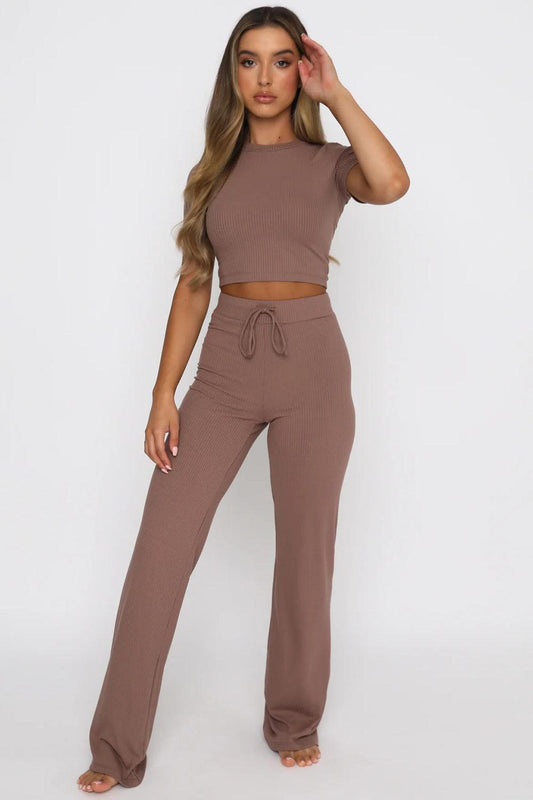 Round Neck Short Sleeve Top and Pants Set Chestnut