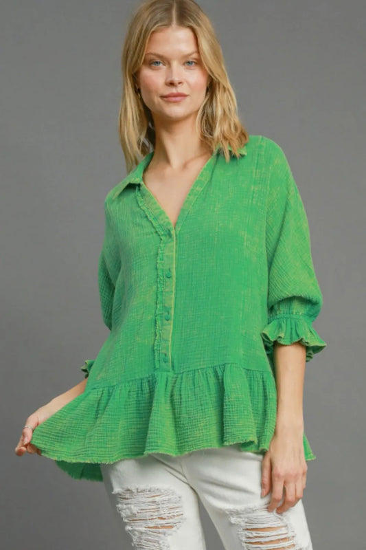 Umgee Full Size Mineral Washed Cotton Gauze Top Plus Size Green