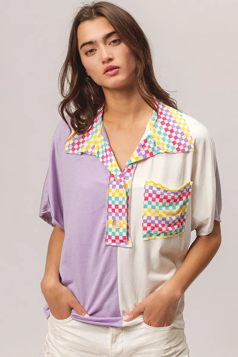 BiBi Color Block Knit with Multi Checker Contrast Top