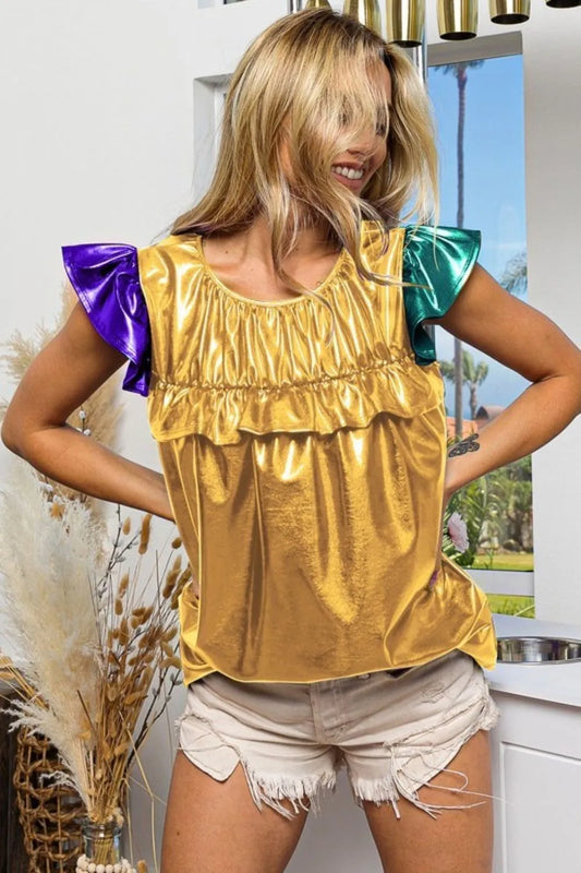 BiBi Foiled Knit Color Block Short Sleeve Ruffled Top GOLD PURPLE HUNTER