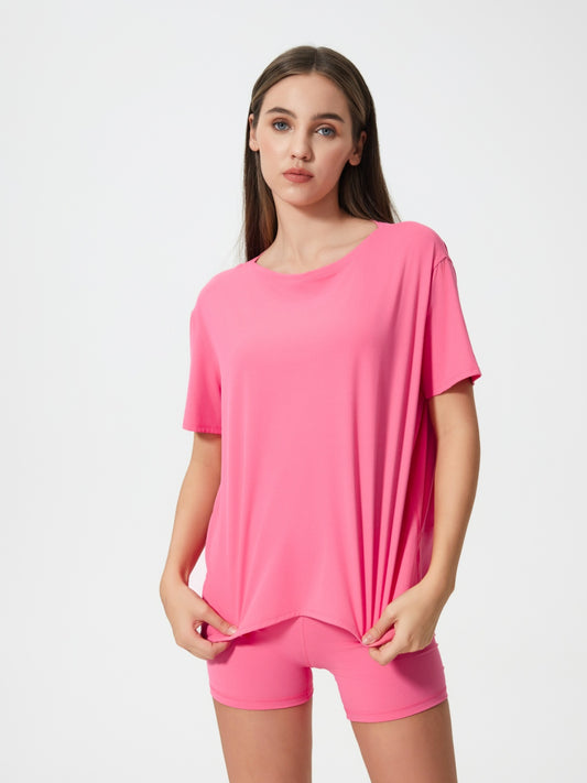 Millennia Round Neck Short Sleeve Active T-Shirt Fuchsia Pink