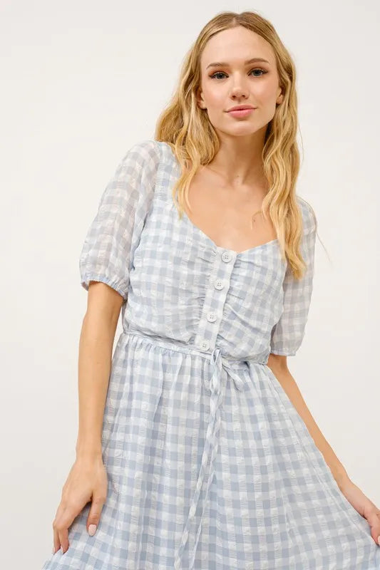 And The Why Puff Sleeve Ruched Button Front Gingham Dress