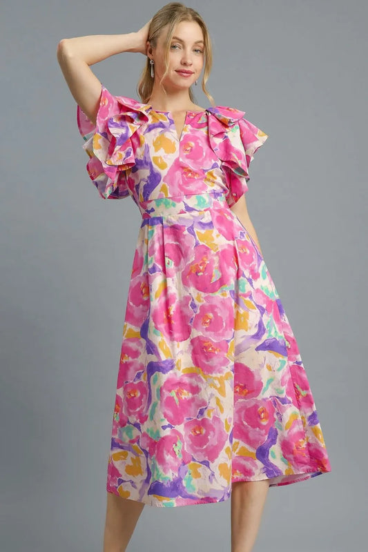Umgee Floral Ruffled Cap Sleeve Midi Dress Hot Pink
