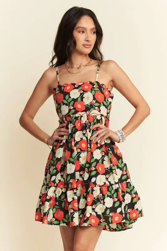 Davi & Dani Floral Scalloped Cutout Back Mini Dress Black